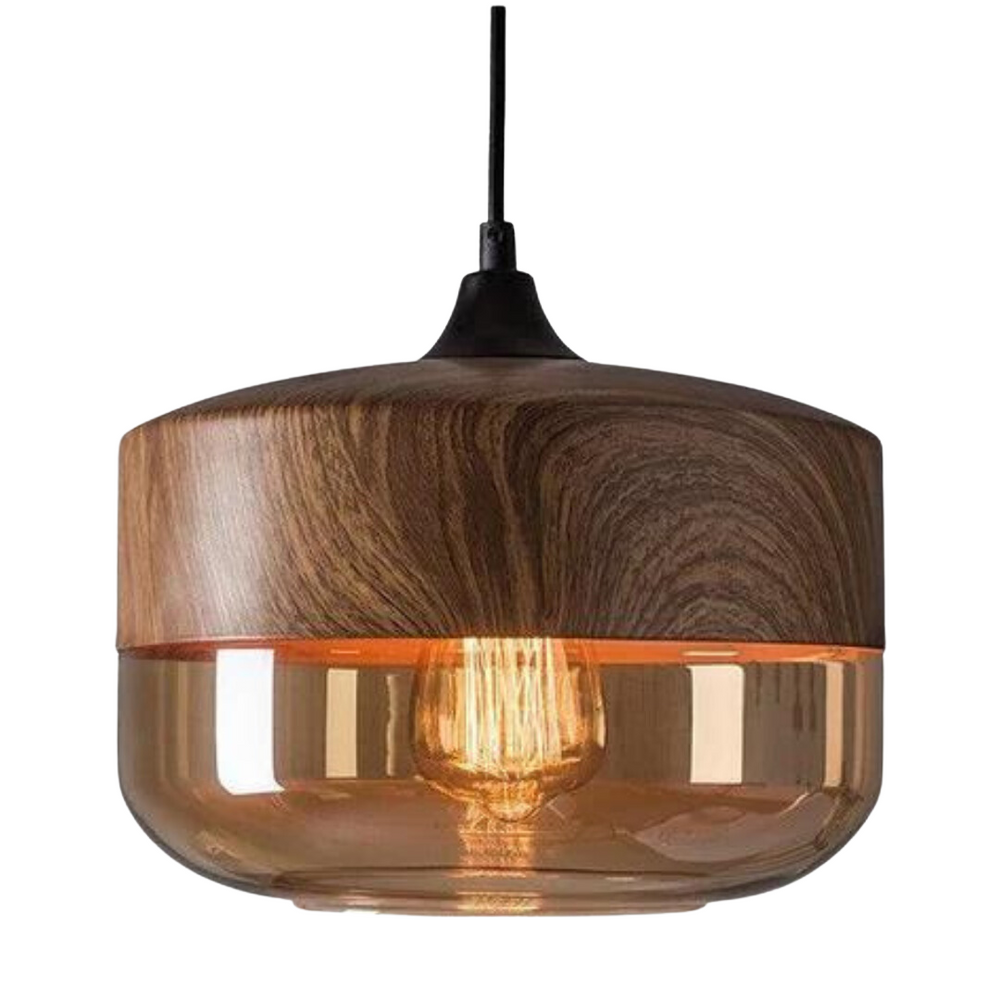 Elegante NordLuna Holz-Deckenlampe mit Glasakzenten, skandinavisches Design für stilvolle Innenbeleuchtung.