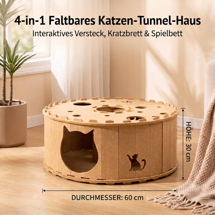 Robustes faltbares Katzenspielzeug mit Spieltunnel, Kratzfläche und kuscheligem Ruheplatz für Haustiere.