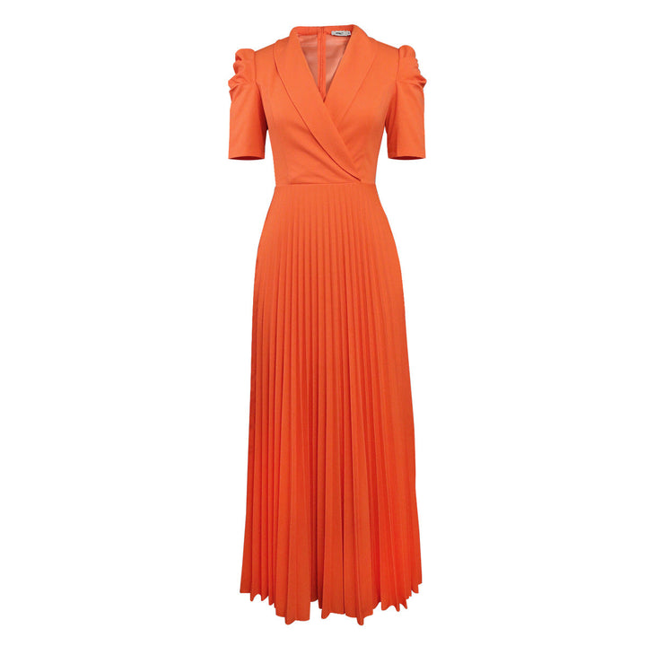 Fließendes Damen Wickelkleid, Plissee-Rock schwingt elegant, kombiniert mit Puffärmeln, ideal für besondere Feste.