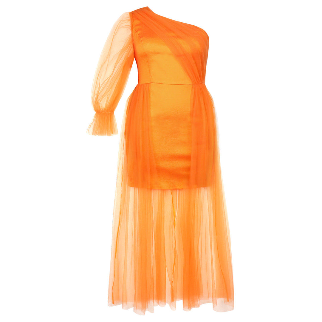 Auffälliges orangefarbenes Damen Abendkleid, One-Shoulder Stil, elegant und modern für Partys.