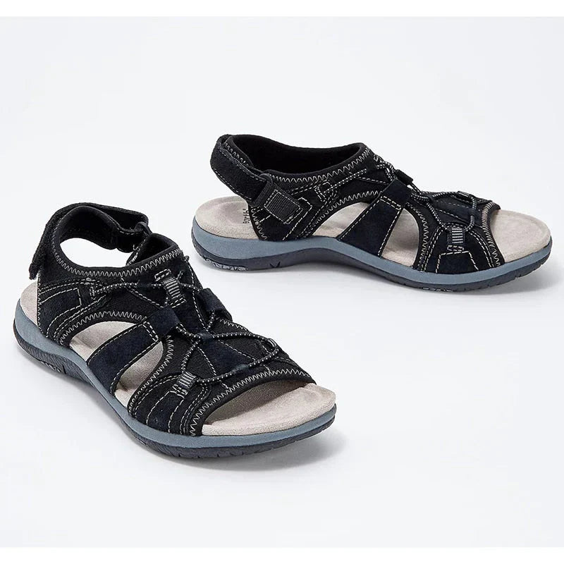 Leichte orthopädische Damen Sandalen mit Keilabsatz bieten gesunden Komfort für lange Sommertage. Fußgewölbe Stütze.
