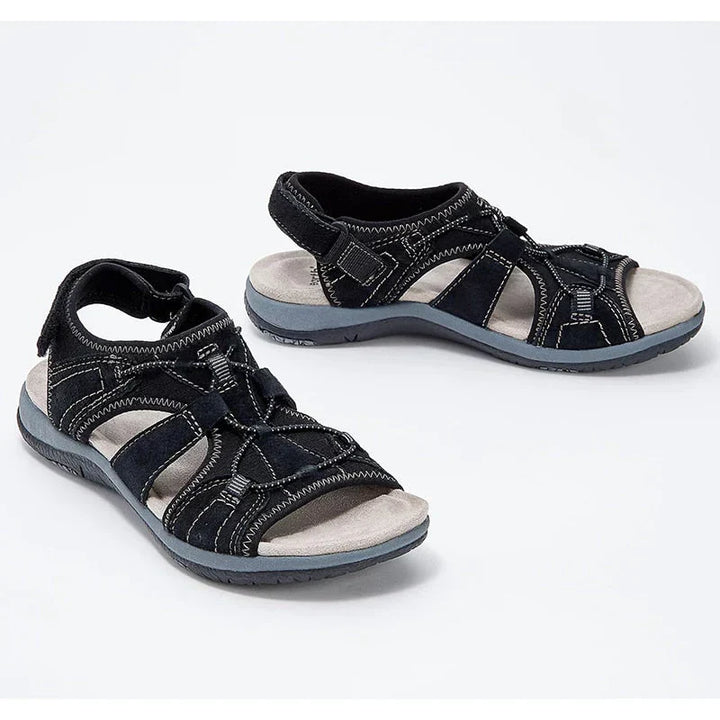 Leichte orthopädische Damen Sandalen mit Keilabsatz bieten gesunden Komfort für lange Sommertage. Fußgewölbe Stütze.