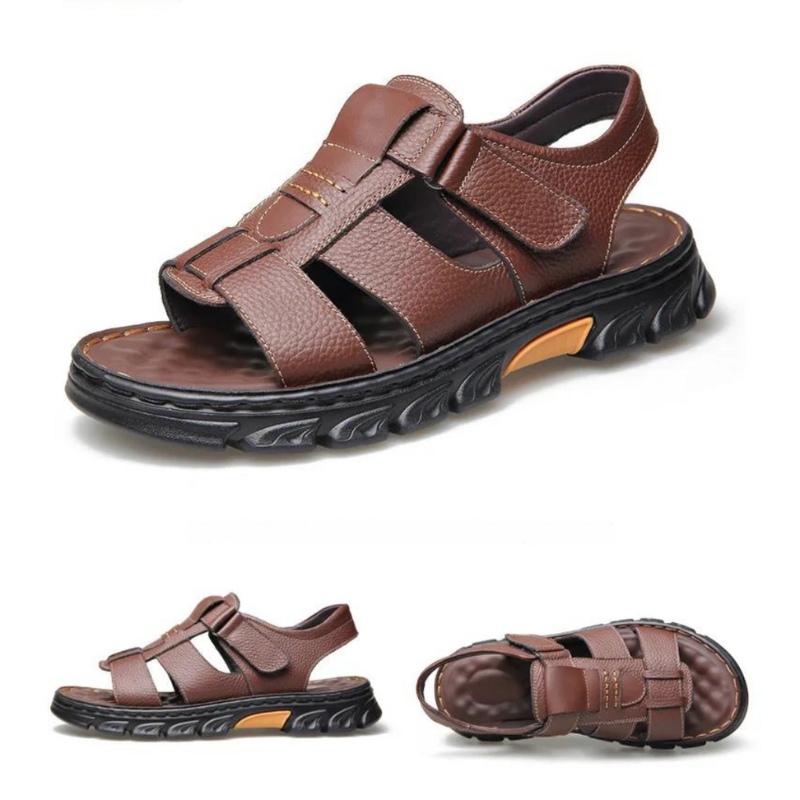 Schwarze orthopädische Herren-Sandalen aus Leder, ideal als Komfortschuhe für den Sommer.