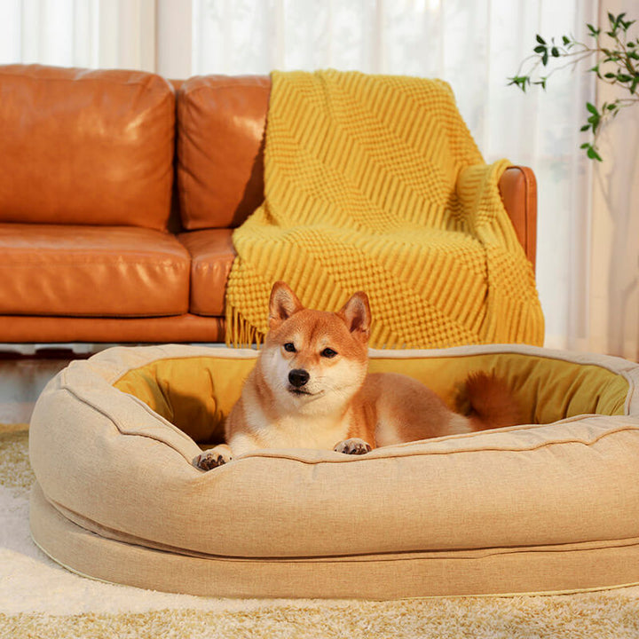 Weiches, waschbares Donut-Hundebett in Beige, ideal für entspannten Tiefschlaf des Haustiers.