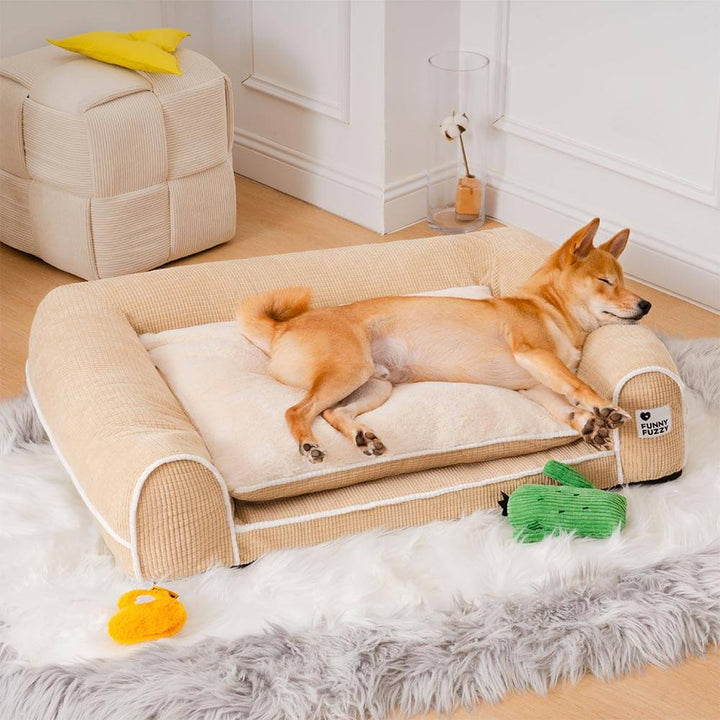 Orthopädisches Eck-Hundebett aus weichem Flanell für Gelenkschutz u. Komfort. Waschbar, gelenkfreundlich.