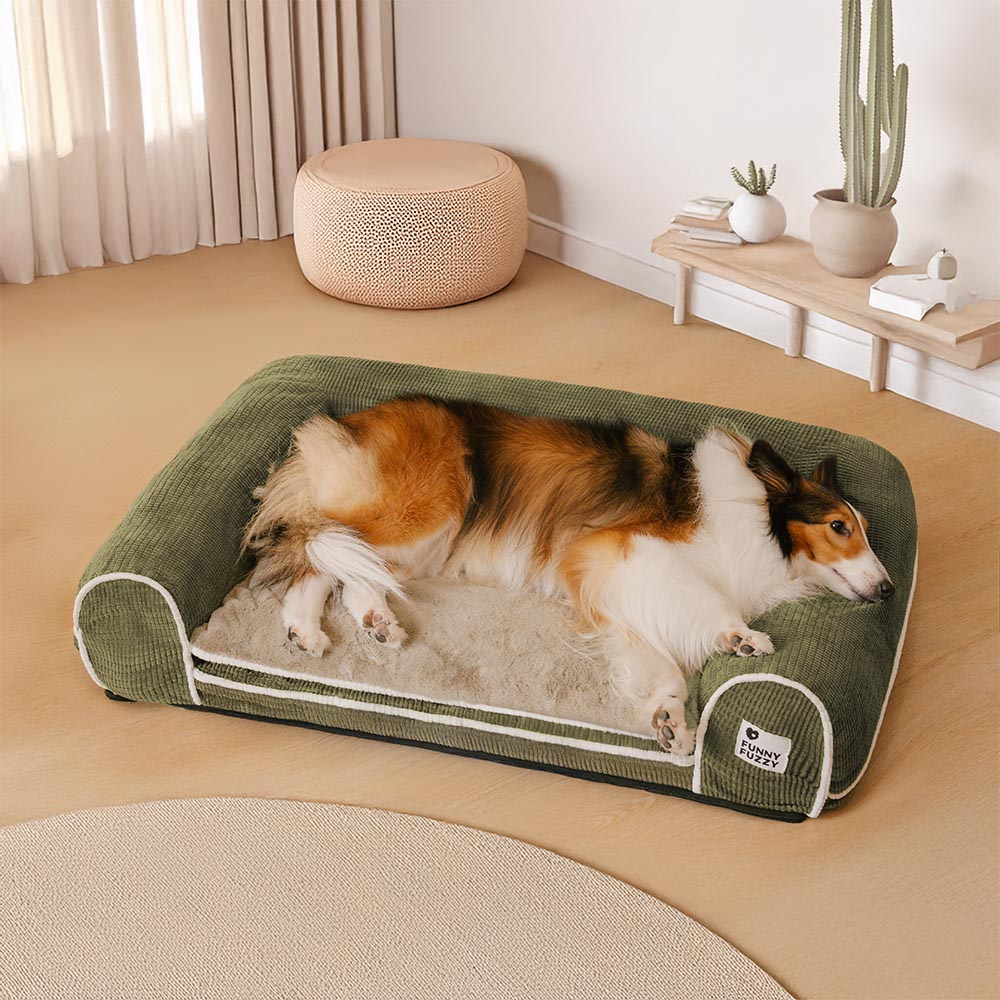 Großes orthopädisches Eck-Hundebett. Gelenkfreundlich, pflegeleicht, ideal für ältere Hunde.
