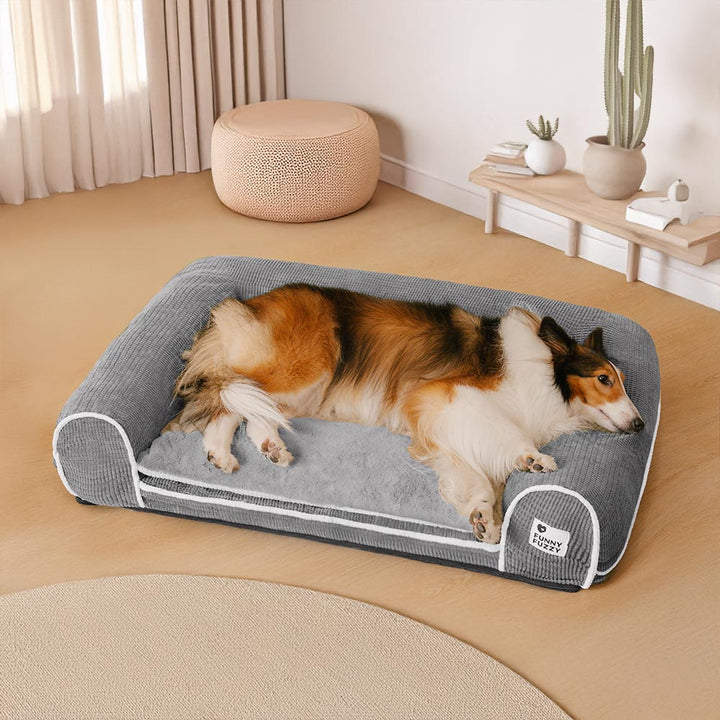Modernes Eck-Hundebett, orthopädisch. Für gesunden Schlaf u. Gelenkschutz. Waschbar u. langlebig.