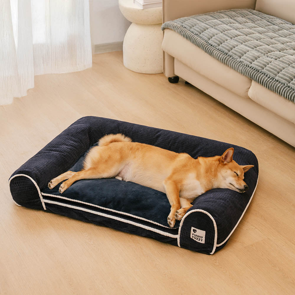 Eck-Hundebett mit erhöhten Rändern, orthopädisch. Unterstützt Kopf u. Nacken. Pflegeleicht, waschbar.