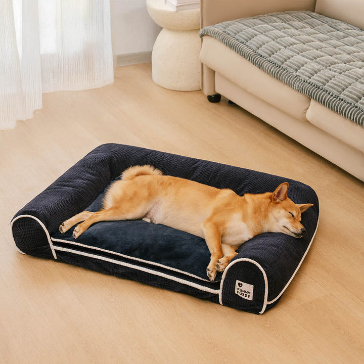 Eck-Hundebett mit erhöhten Rändern, orthopädisch. Unterstützt Kopf u. Nacken. Pflegeleicht, waschbar.
