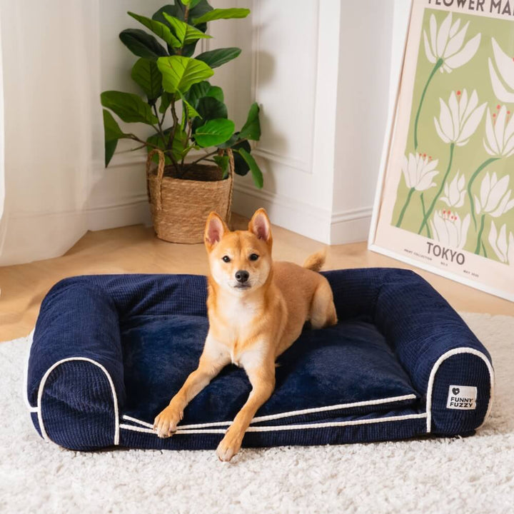 Anthrazitfarbenes orthopädisches Eck-Hundebett. Gelenkschonend, komfortabel, ideal für Hunde.