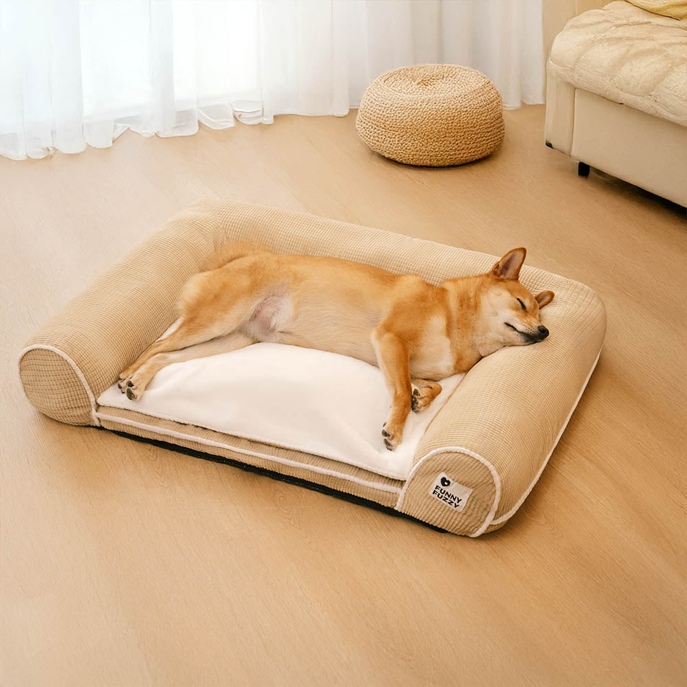 Orthopädisches Eck-Hundebett aus Flanell, weich u. strapazierfähig. Waschbar, optimaler Komfort.
