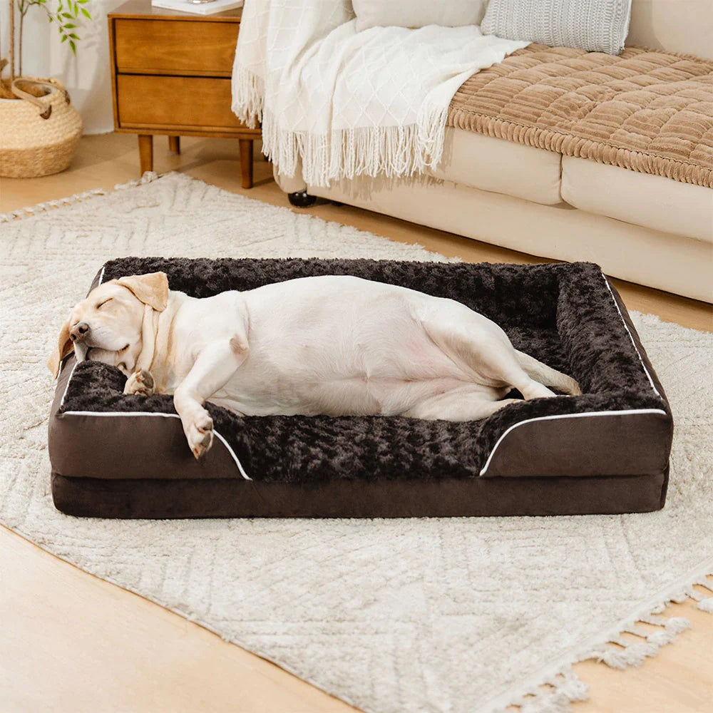 Orthopädisches Eckbett für Hunde, grau, abnehmbar & wasserdicht. Gelenkschonend für ältere Haustiere.