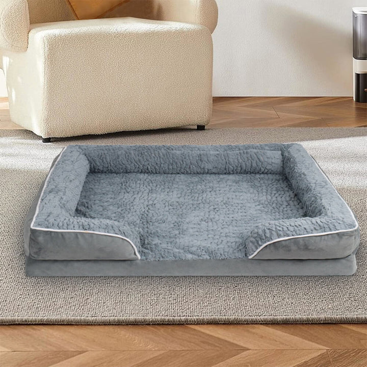 Eckhundebett, braun, orthopädisch, wasserdicht. Gelenkschonend, waschbar, großer Schlafplatz für Haustiere.