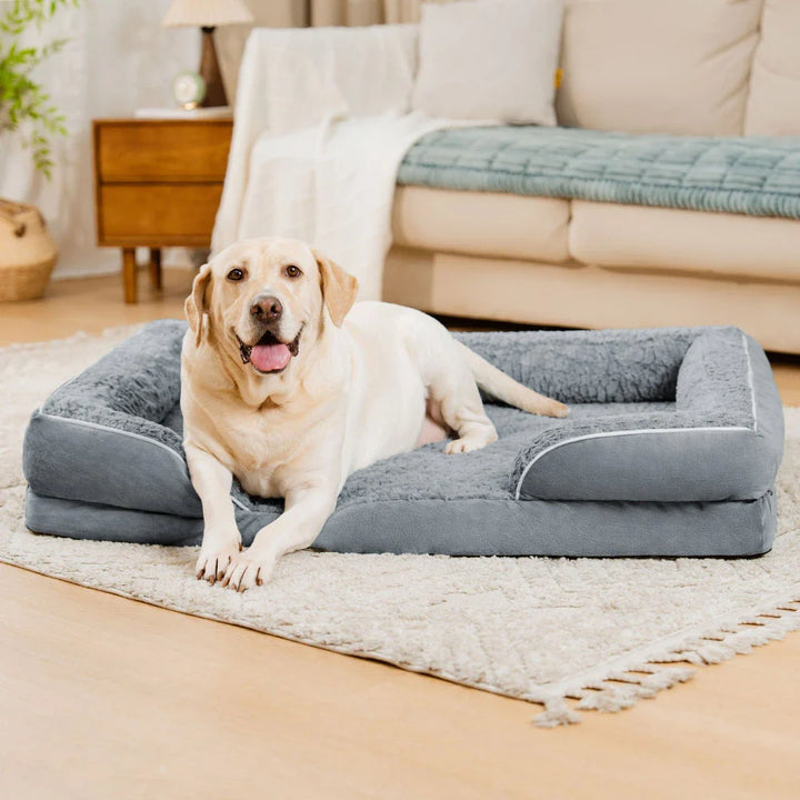 Graues orthopädisches Eckhundebett, groß, wasserdicht. Abnehmbarer Bezug für einfache Reinigung.
