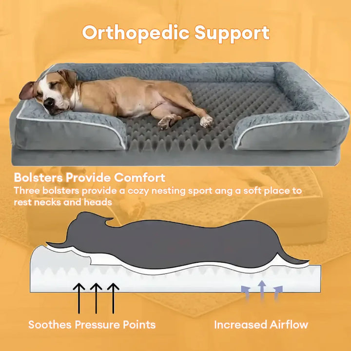 Geräumiges orthopädisches Eckbett für Hunde, grau. Vollständig umschließend, abnehmbarer Bezug.