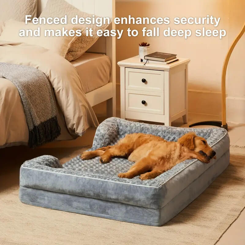 Großes, orthopädisches Eckhundebett, grau. Gelenkschonend & vollständig umschließend für Komfort.