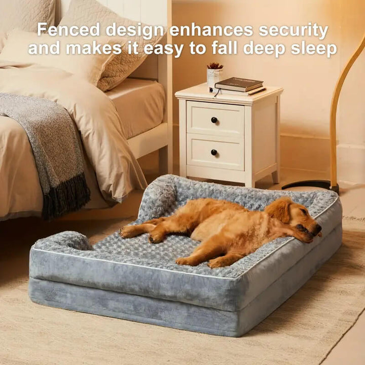 Großes, orthopädisches Eckhundebett, grau. Gelenkschonend & vollständig umschließend für Komfort.