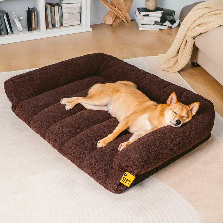 Gelenkschonendes Eckhundebett, orthopädisch, mit Stützfunktion & Kopfstütze, ideal für ältere Hunde.