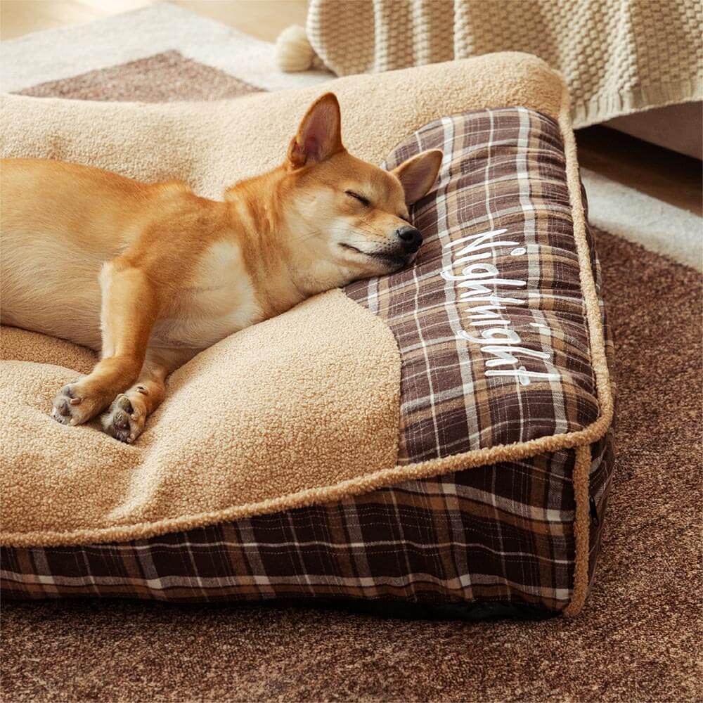 Waschbares Hundebett aus Teddyfell für große Hunde, rechteckig, bietet Komfort & Hygiene für die Fellnase.