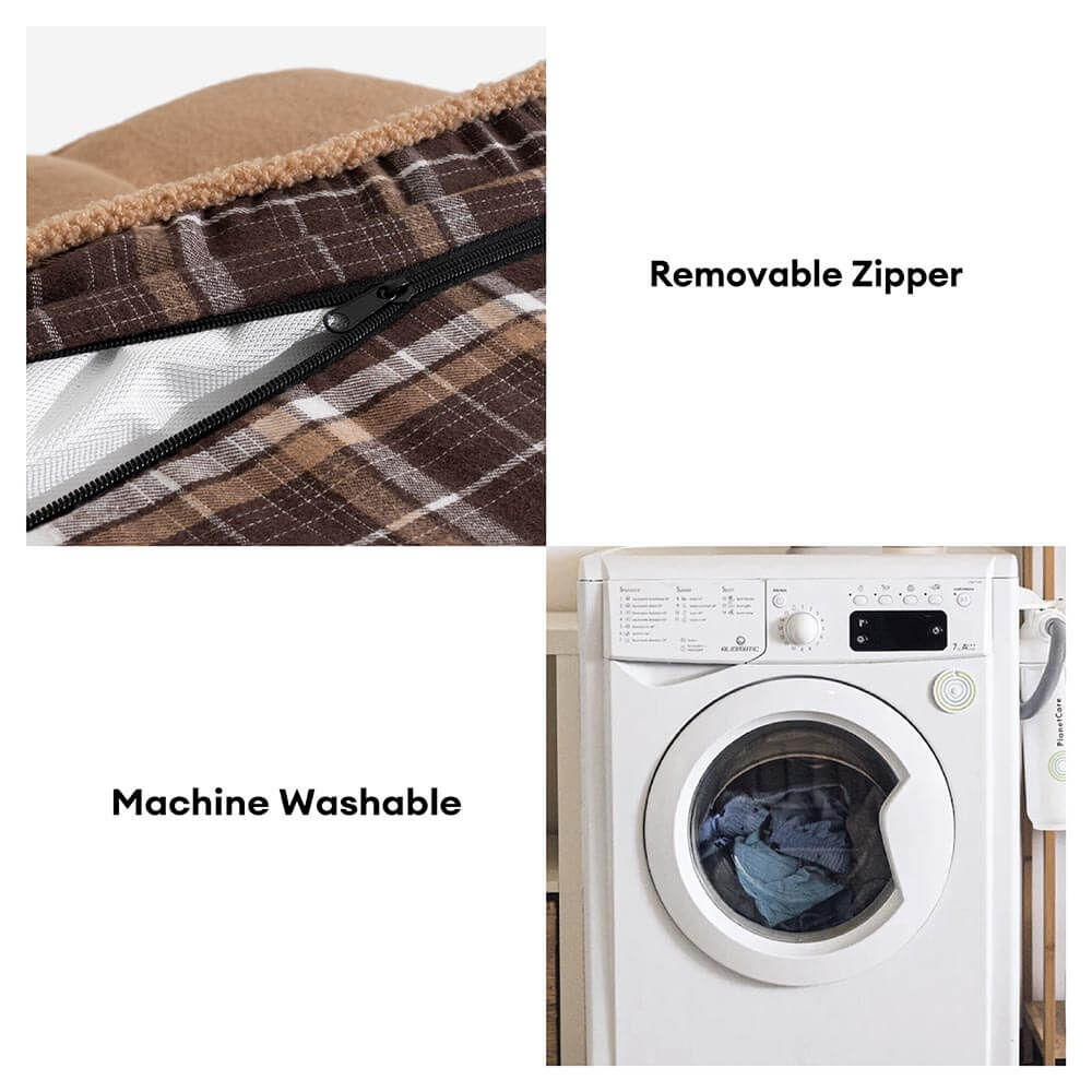 Detailaufnahme des weichen Teddyfells auf dem orthopädischen Hundebett. Waschbar und komfortabel für die Fellnase.