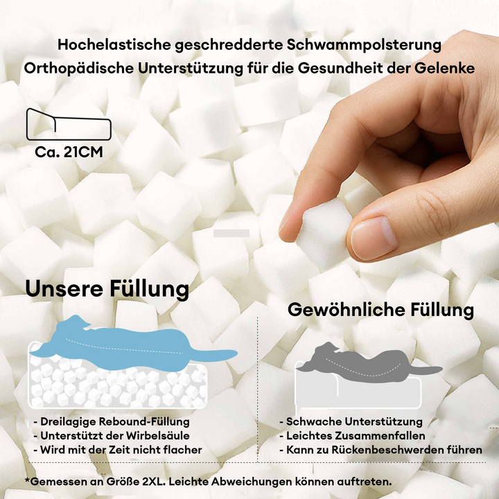 Kratzfestes orthopädisches Hundebett für großen Komfort & Wirbelsäulenschutz. Waschbarer Bezug.