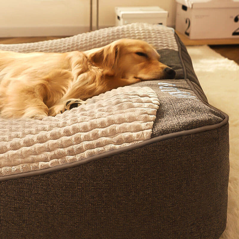 Geräumiges Hundebett, orthopädisch, dick gepolstert, mit robustem, kratzfestem Bezug.