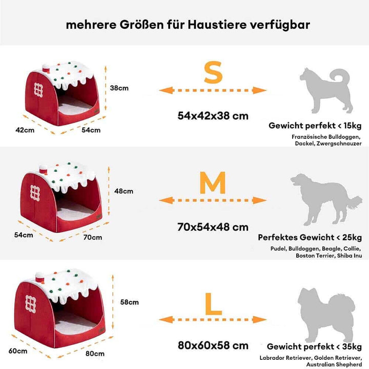 Festliches Schneehaus-Hundebett in Rot, orthopädisch, bietet Haustieren einen warmen, gemütlichen Rückzugsort.
