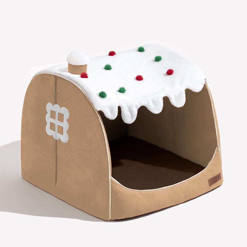 Gemütliches orthopädisches Hundebett in Schneehaus-Form, Rot, warm und waschbar für winterliche Haustierfreude.