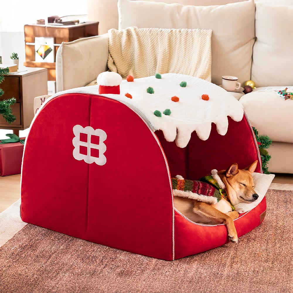 Komfortables orthopädisches Hundebett, Schneehaus-Form in Rot, bietet Haustieren warme Gemütlichkeit im Winter.