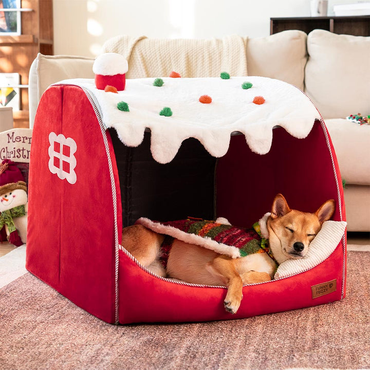 Festliches Schneehaus-Hundebett in Rot, orthopädisch, spendet Ihrem Haustier winterliche Wärme und Komfort.