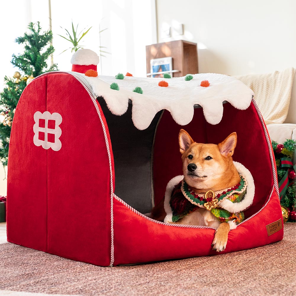 Warmes orthopädisches Hundebett, Schneehaus-Stil, in Khaki oder Rot, der ideale Hundeschlafplatz im Winter.