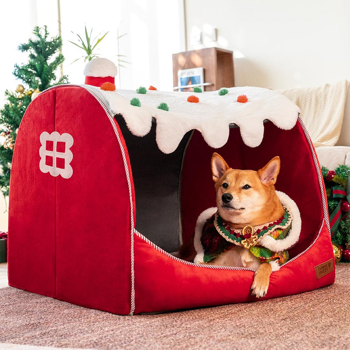 Warmes orthopädisches Hundebett, Schneehaus-Stil, in Khaki oder Rot, der ideale Hundeschlafplatz im Winter.