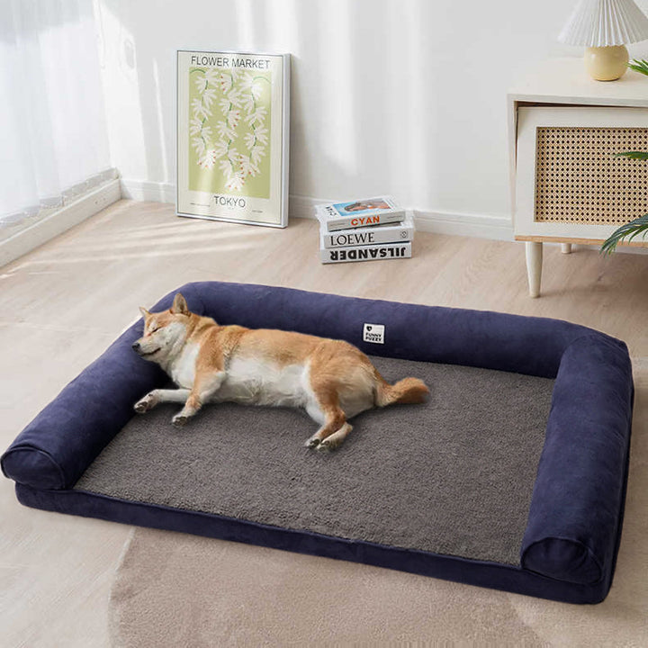Orthopädisches Hundebett in Wildlederoptik für optimalen Gelenkschutz und bequemen Schlaf.