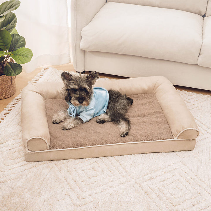 Kleines orthopädisches Hundebett mit Gelenkschutzfunktion, ideal für Welpen oder kleine Rassen.