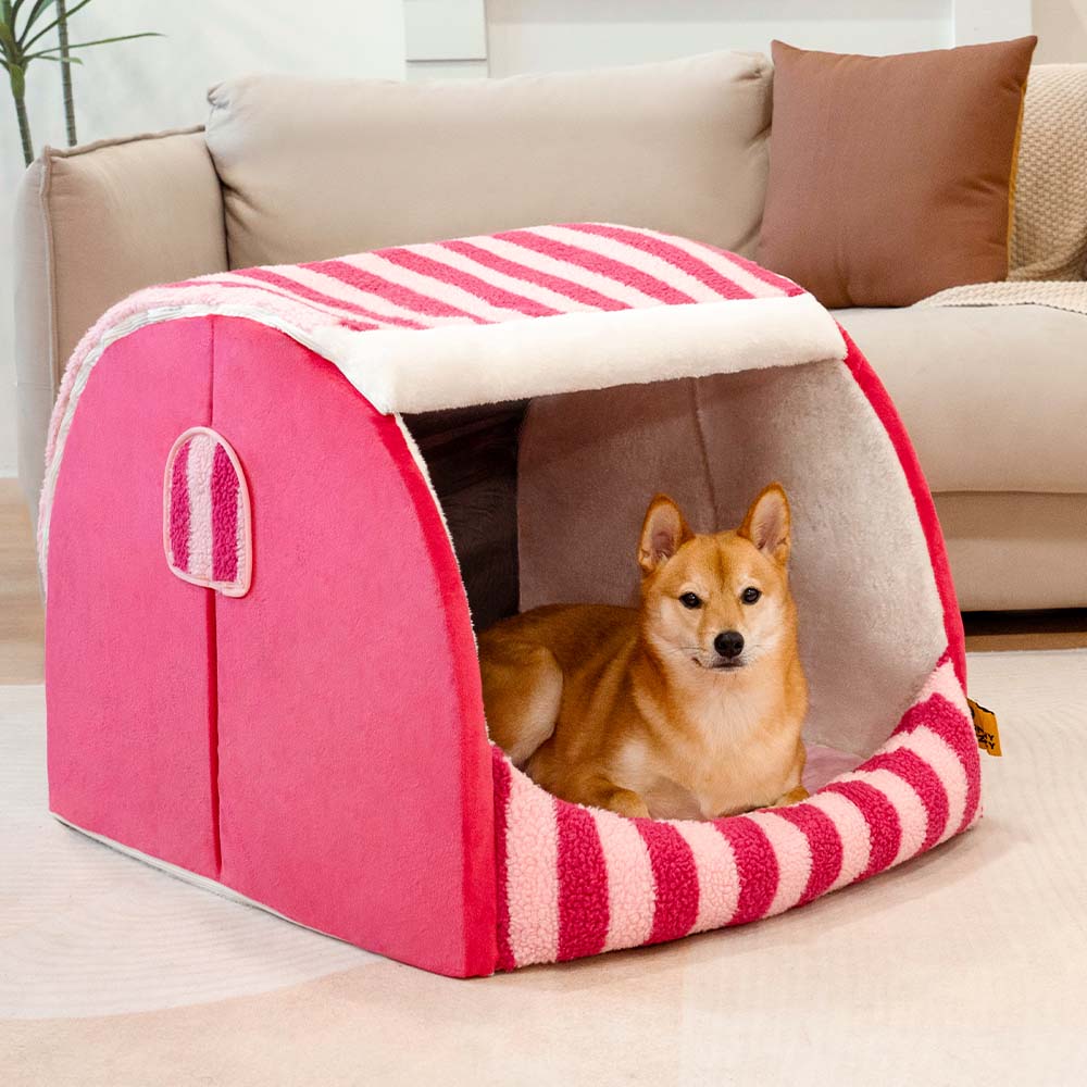 Orthopädisches Hundebett (S) in Beige mit Streifen für kleine Hunde.