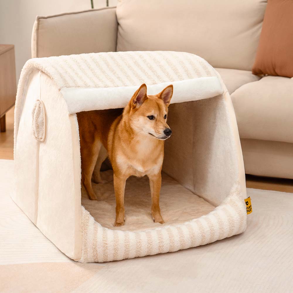 Stilvolles rosefarbenes Hundebett (M) mit Streifen, orthopädisch, für Wohlbefinden.