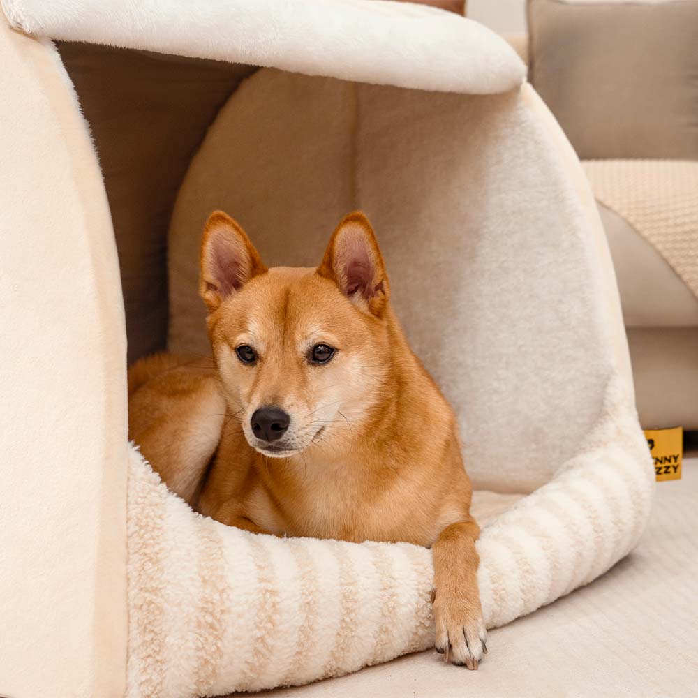 Gestreiftes Hundebett in Rose, orthopädisch, ideal für erholsamen Schlaf.