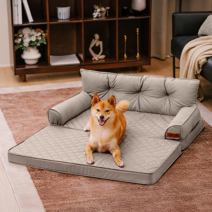 Reisefreundliches orthopädisches Kunstleder-Hundebett, faltbar, ideal für große Hunde unterwegs.