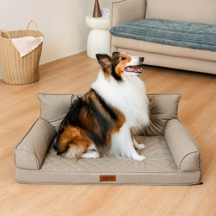 Robustes orthopädisches Kunstleder-Hundebett, faltbar, widerstandsfähig für aktive große Hunde.