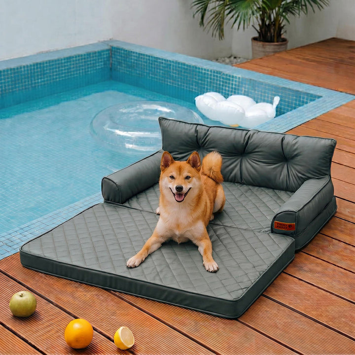 Geruchsneutrales orthopädisches Kunstleder-Hundebett, faltbar, für hygienischen Komfort großer Hunde.