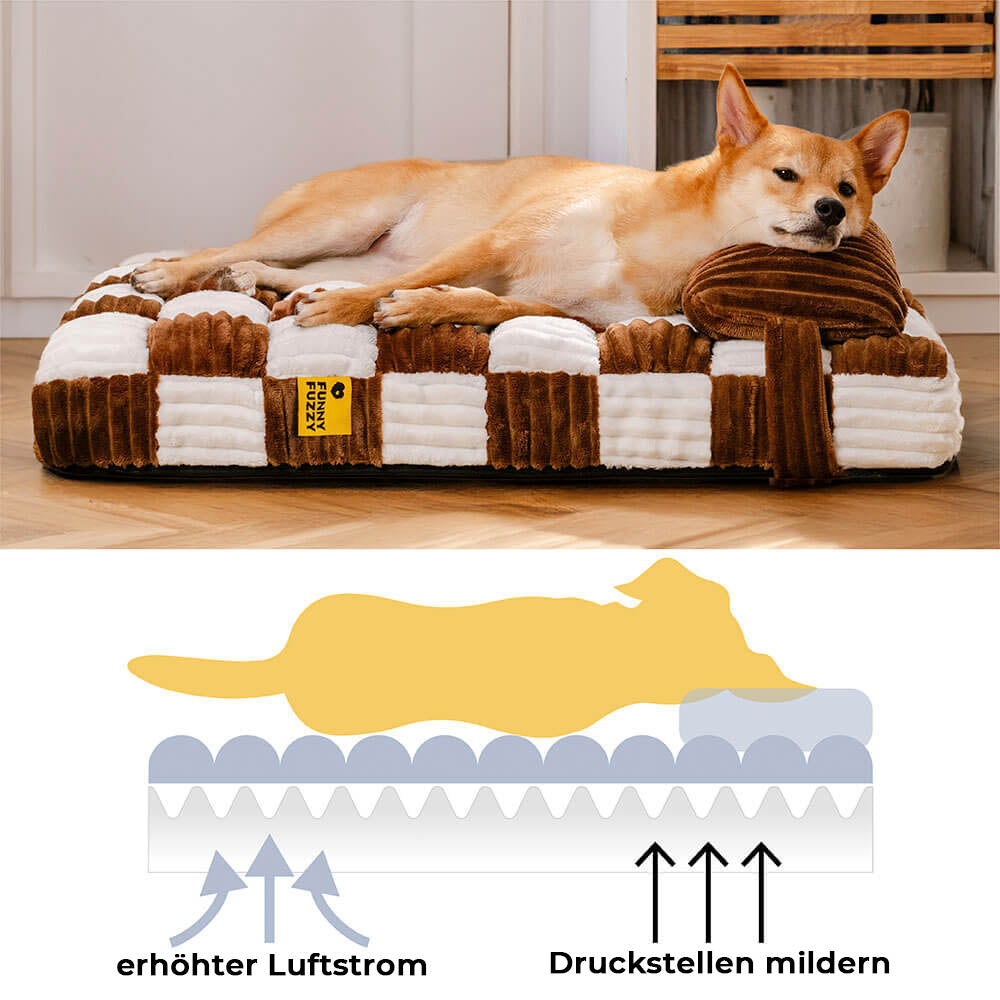 Schachbrettmuster Plüsch-Hundebett, orthopädisch, braun, bietet Halt für Gelenke und Wirbelsäule.