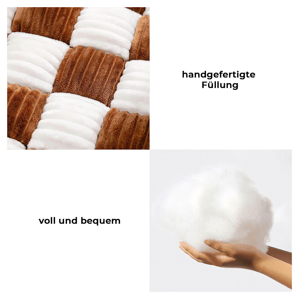 Unterstützendes Plüsch-Hundebett, orthopädisch, braun, mit Schachbrettmuster für optimalen Gelenkkomfort.