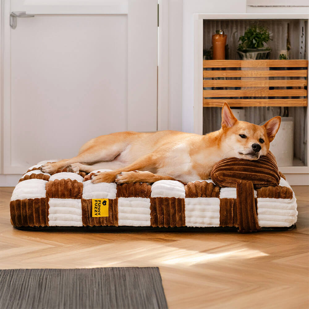 Gemütliches orthopädisches Hundebett aus Plüsch, grau, schont die Gelenke und sorgt für tiefen Schlaf.
