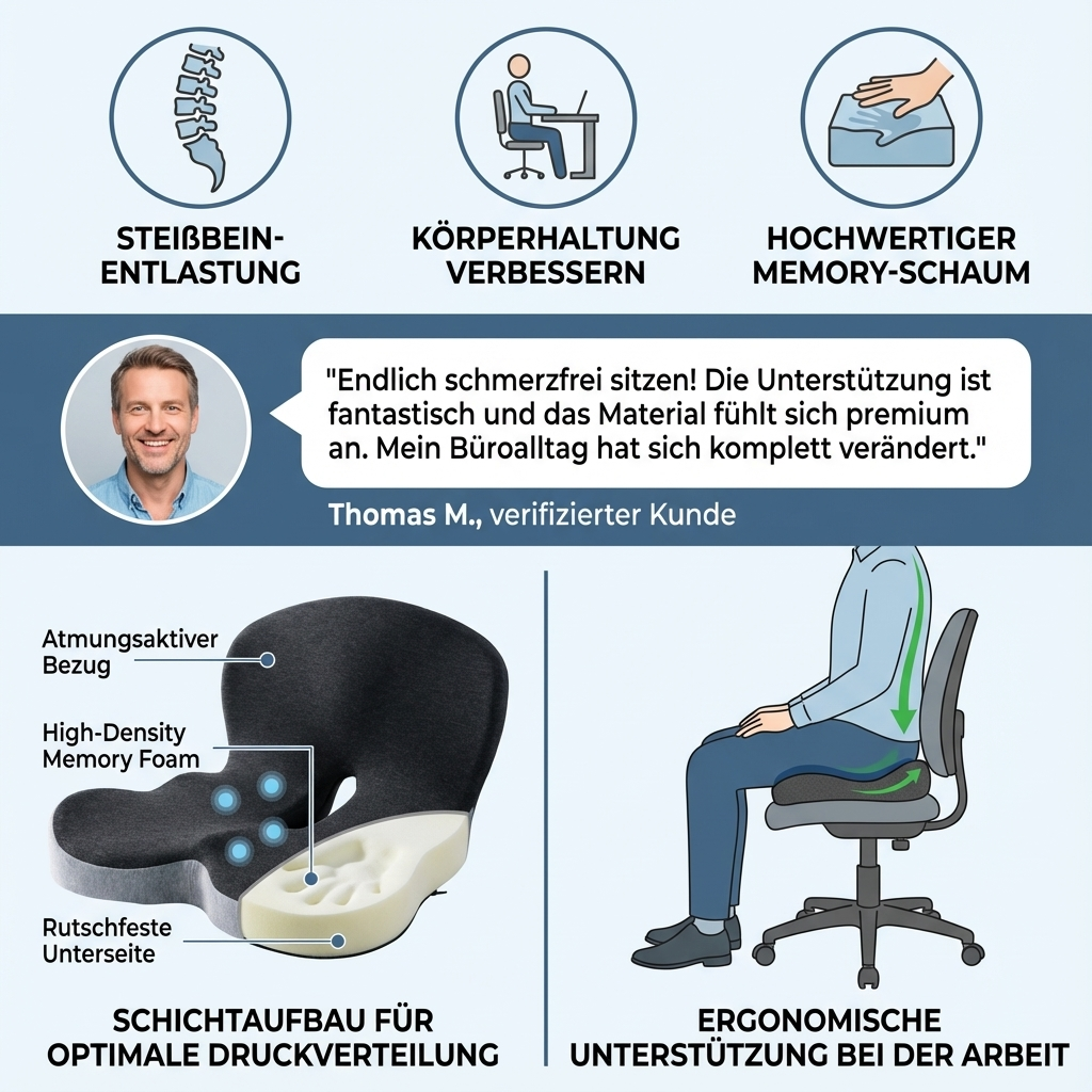 Ergonomisches Orthopädisches Sitzkissen: Ideal als Bürokissen oder Autokissen für gesunden Sitzkomfort & Haltungsverbesserung.