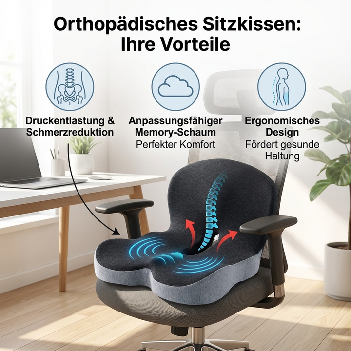 Hochwertiges Memory-Schaum Sitzkissen bietet Druckentlastung für Steißbein und Rücken, fördert Wohlbefinden beim Sitzen.