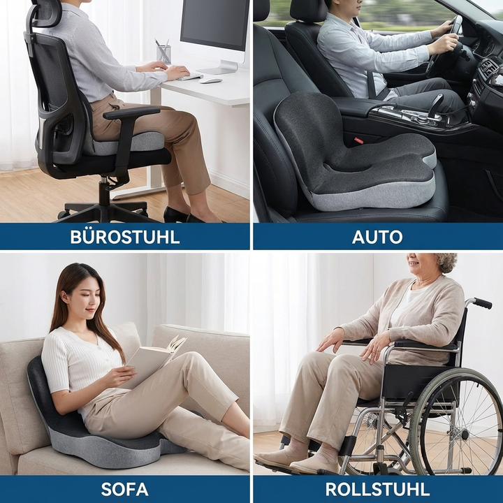 Orthopädisches Sitzkissen mit Memory-Schaum für Steißbein- und Rückenentlastung, fördert gesunden Sitzkomfort & Haltung.