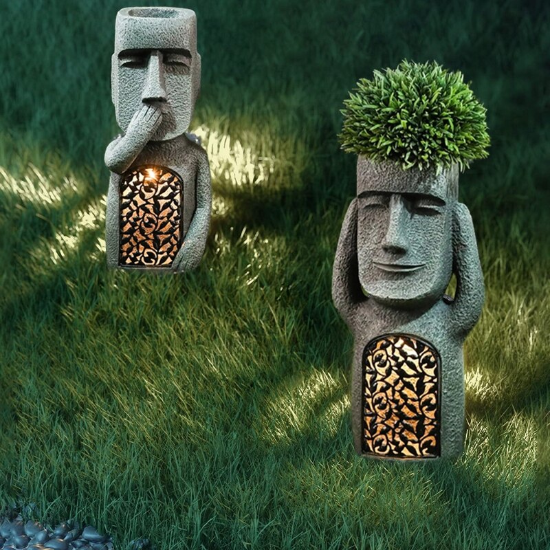 Robuster Osterinsel Moai Blumentopf mit LED-Beleuchtung, langlebige Gartenstatue für Pflanzen & stimmungsvolle Deko.