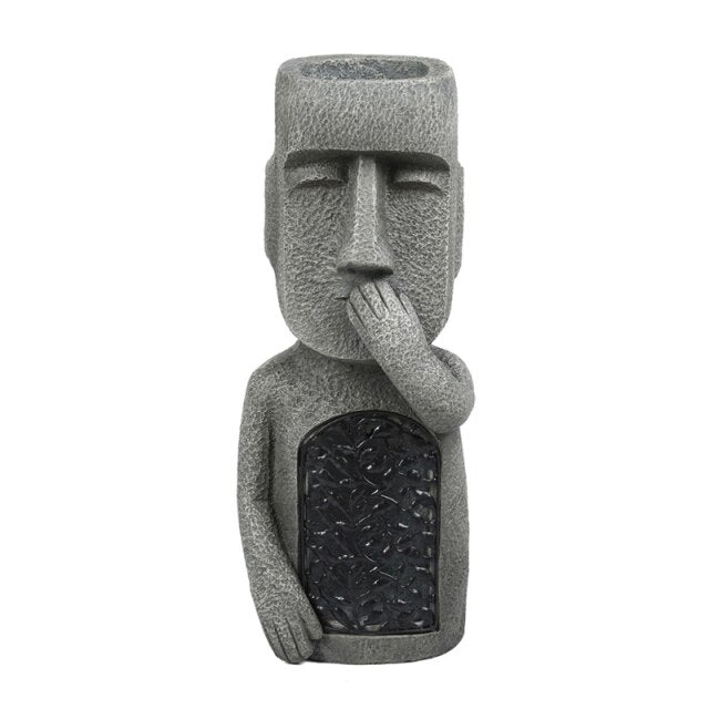 Detaillierte Osterinsel Moai Deko Statue Pflanztopf mit LED, wetterfeste Gartenfigur für Kräuter & kleine Pflanzen.