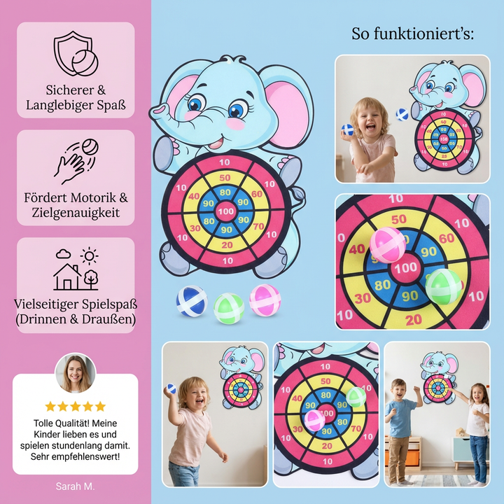 Lächelndes Kind wirft einen weichen Dart auf das bunte Zielbrett des Kinder Wurfspiels. Ideal für Motorik & Familienspaß.