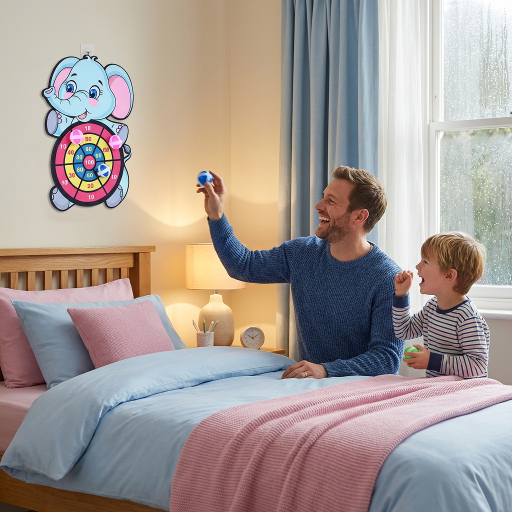 Nahaufnahme des farbenfrohen Dart Zielbretts mit Zahlen und weichen Darts. Pädagogisches Geschicklichkeitsspiel für Kinder.
